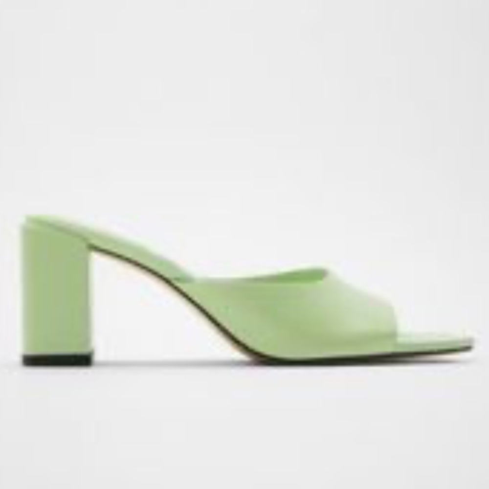 Zara Light Green Square Toe Block Heel Women's Mules